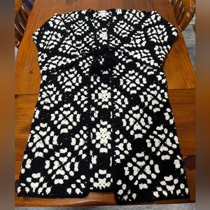 Elan Womens Black White Crochet Knit Long Sleeve Tie Cardigan Sweater Size Med